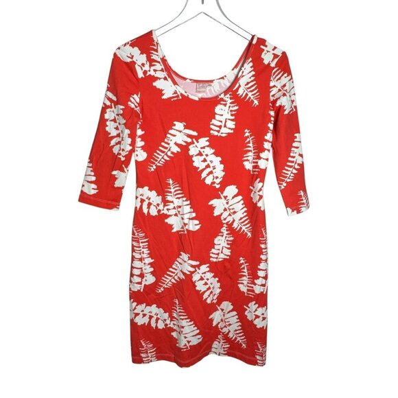 Persifor Red & White Fern Print Dress 3/4 Sleeve Scoop Neck size small Stretchy - Picture 1 of 8